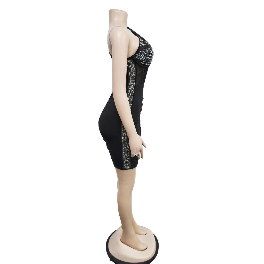 C6307 European & American Fashion Women's Solid Color Mesh Asymmetrical Neck Sleeveless Dress