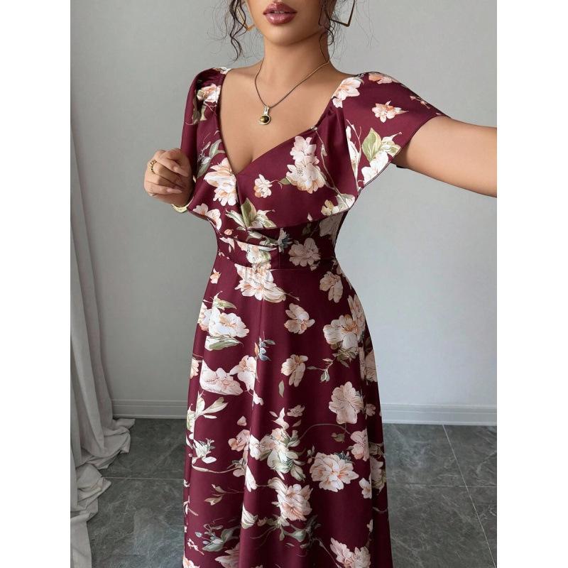 Europe, America 2026 Summer New Temperament Fashionable Ruffle Edge A Word Floral Elegant Dress Women