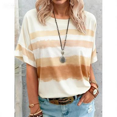 Women Casual Loose Short Sleeve T-Shirt Vintage Watercolor Gradient Striped Round Neck Soft Daily Basic Pullover Top