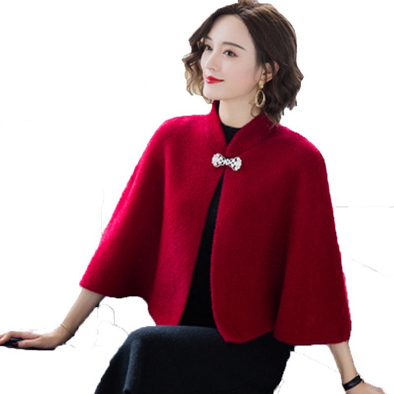 2024 Winter Elegant Loose Batwing Cloak: Fashionable Solid Color Short Shawl for Moms
