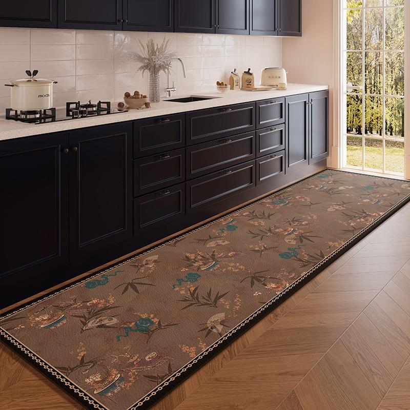 Kitchen Floor Mat Retro Floral PVC Waterproof Non-slip Foot Pads Balcony Rug Home Decoration Carpet Leather Anti-slip Mats