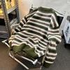 Men's Japanese Retro Striped Sweater - Thick Knit, Round Neck, Loose Fit for Autumn/Winter