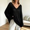 Womens Knit Sweater Fall Lazy Sheer Thin V-Neck Flared Sleeve Pullover Top