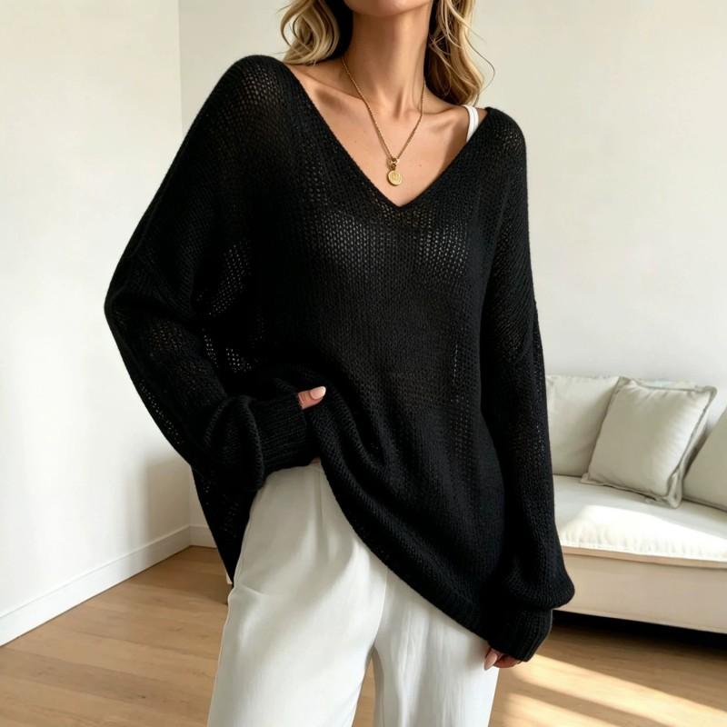 Womens Knit Sweater Fall Lazy Sheer Thin V-Neck Flared Sleeve Pullover Top