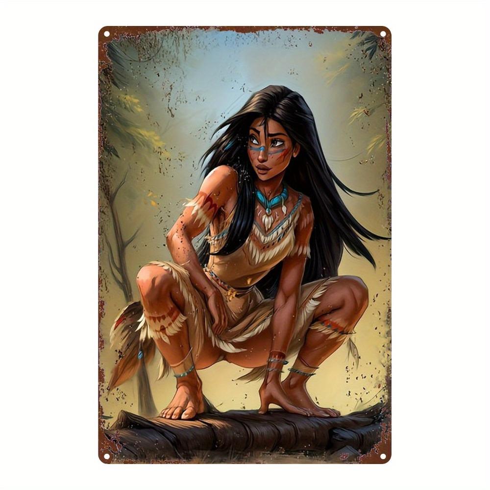 Native American Female Metal Wall Decor, 8x12in Vintage Sign with Pre-Drilled Holes, Home Gift