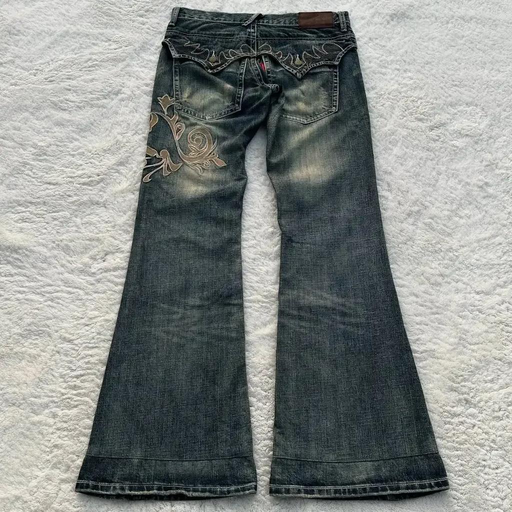 FlowStreet Y2K Nuovo Retro Americano Motivo Ricamato Donna Forma a Corno Jeans Moda di Strada Gotico Slim Pantaloni a Straccio Jeans Donna