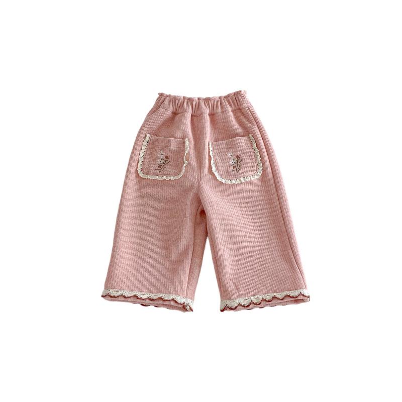 Pantaloni in Pizzo Stile Coreano con Ricami e Fodera in Velluto per Ragazze - Eleganti Gamba Dritta - Inverno 2025