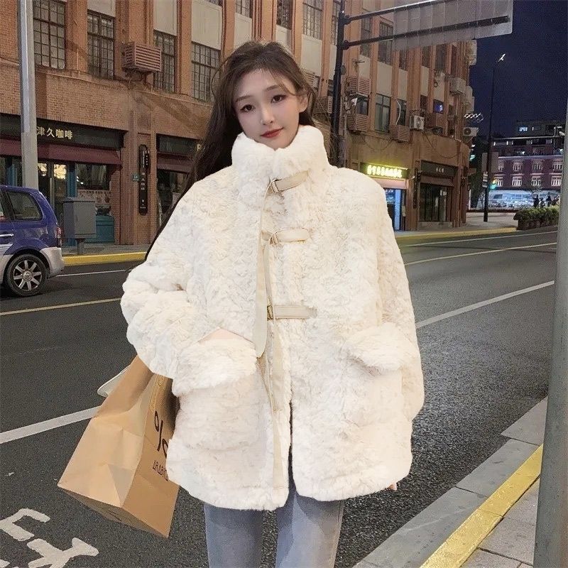 Autumn Winter New Thickened Fur One Piece Imitation Rabbit Hair Lamb Fur Standing Collar Loose Fur Coat Fashion Women