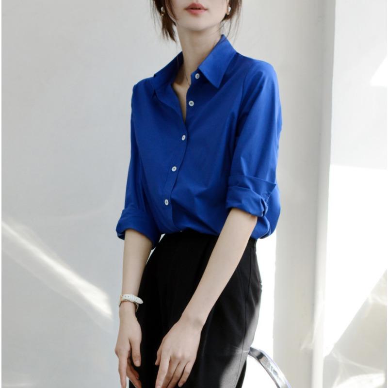 Royal Blue Loose Long Sleeve Turn Down Collar Single Breasted Casual Shirt For Women