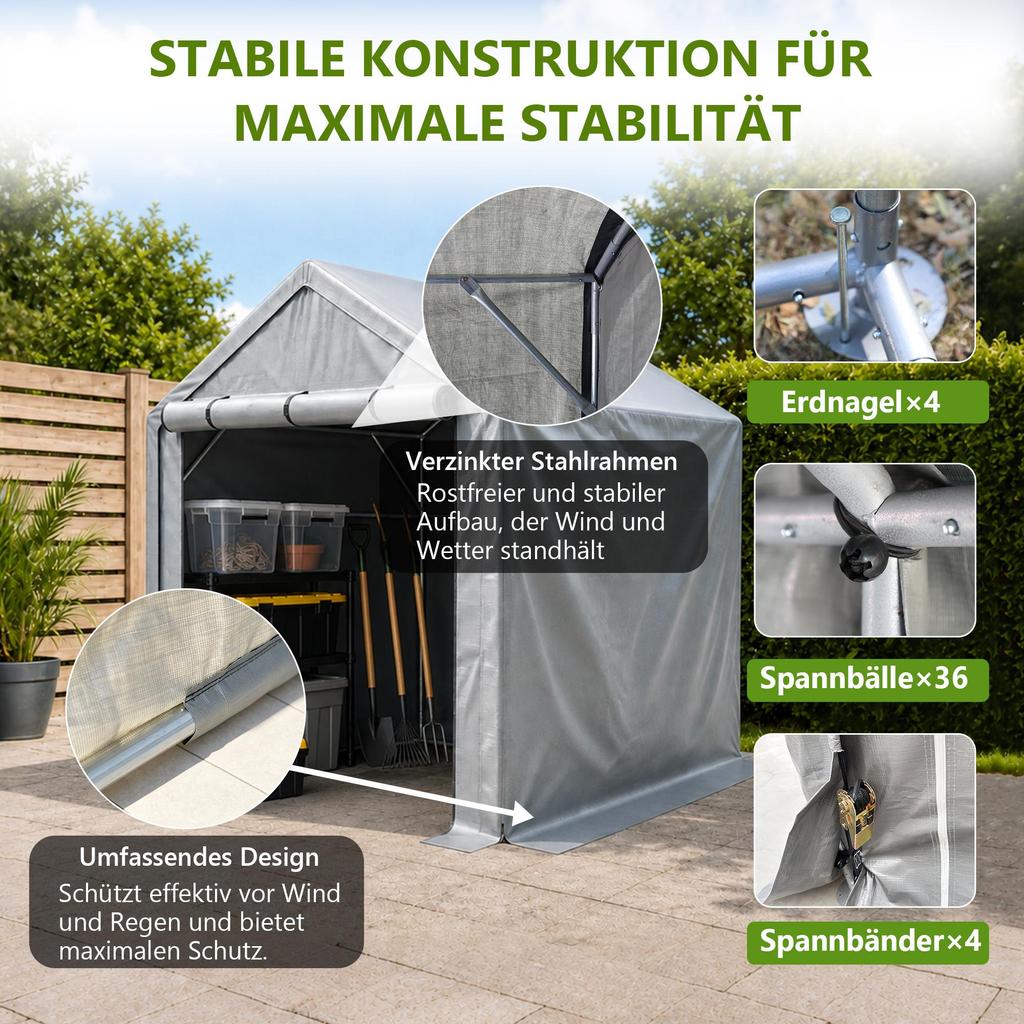 Grey Waterproof UV‑Resistant Portable Storage Shed, Galvanized Steel Frame Roll‑Up Zipper Garden Tent for Bikes Firewood Tools