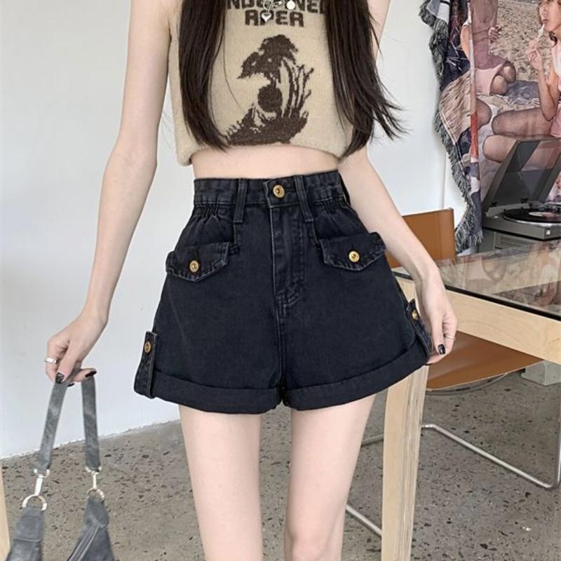 Large Retro Rolled Edge High Waisted Denim Shorts for Women In Summer Loose Wide Leg Pants Spicy Girls' A-line Straight Leg Hot Pants