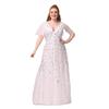 Plus Size Embroidered Sequin Evening Gown with Ruffle Sleeves and Fishtail Skirt