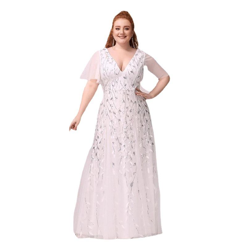 Plus Size Embroidered Sequin Evening Gown with Ruffle Sleeves and Fishtail Skirt