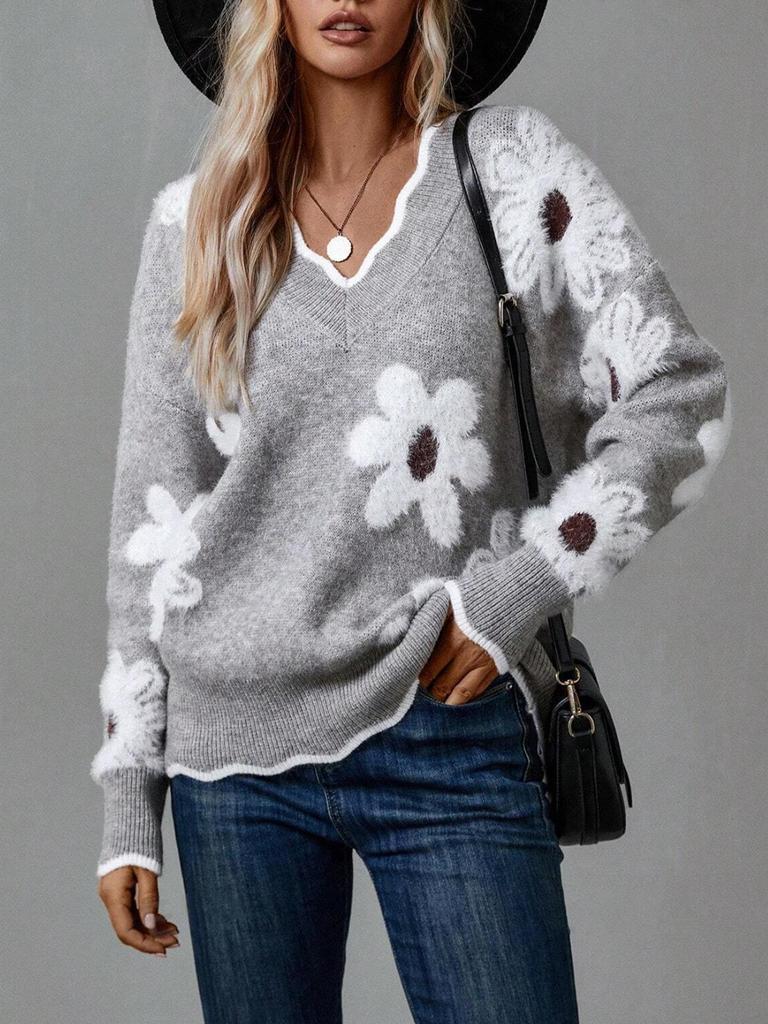 Women's Faux Mink Jacquard Lace Collar Knit Pullover Sweater for Autumn/Winter