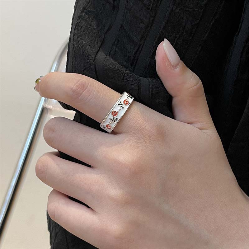Vintage Enamel Tulip Flower Rings for Women Fashion Simple Sliver Color Adjustable Opening Finger Ring Party Weeding Zircon