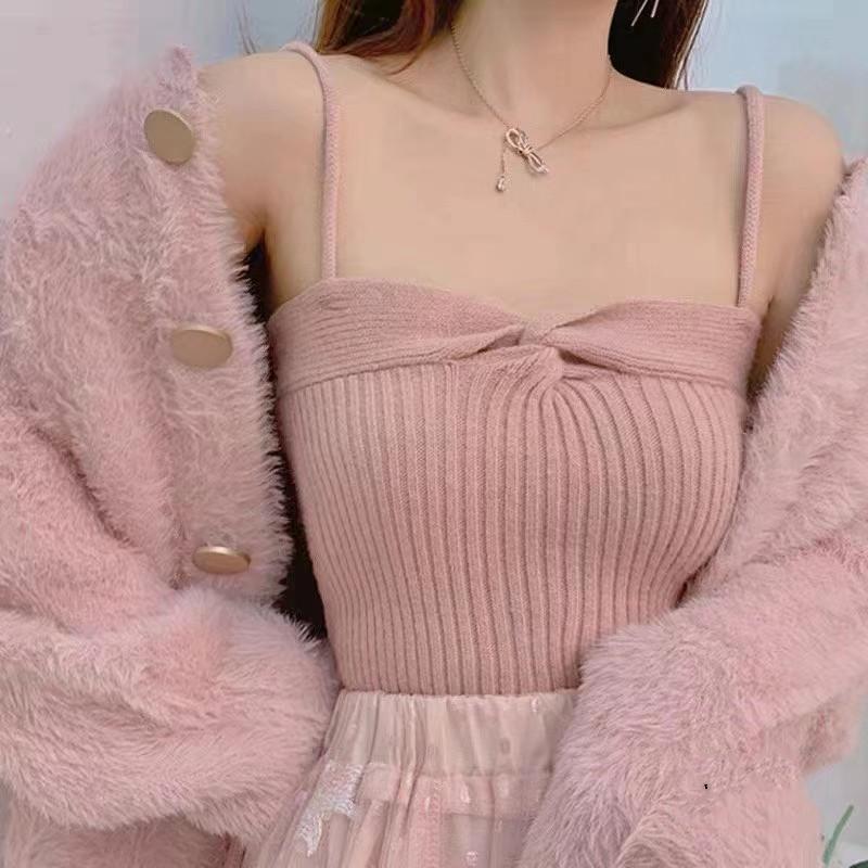 New Spring and Summer Design Kink High Waist Strap Breast Versatile Knitted Suspender Vest with Short Top for Women