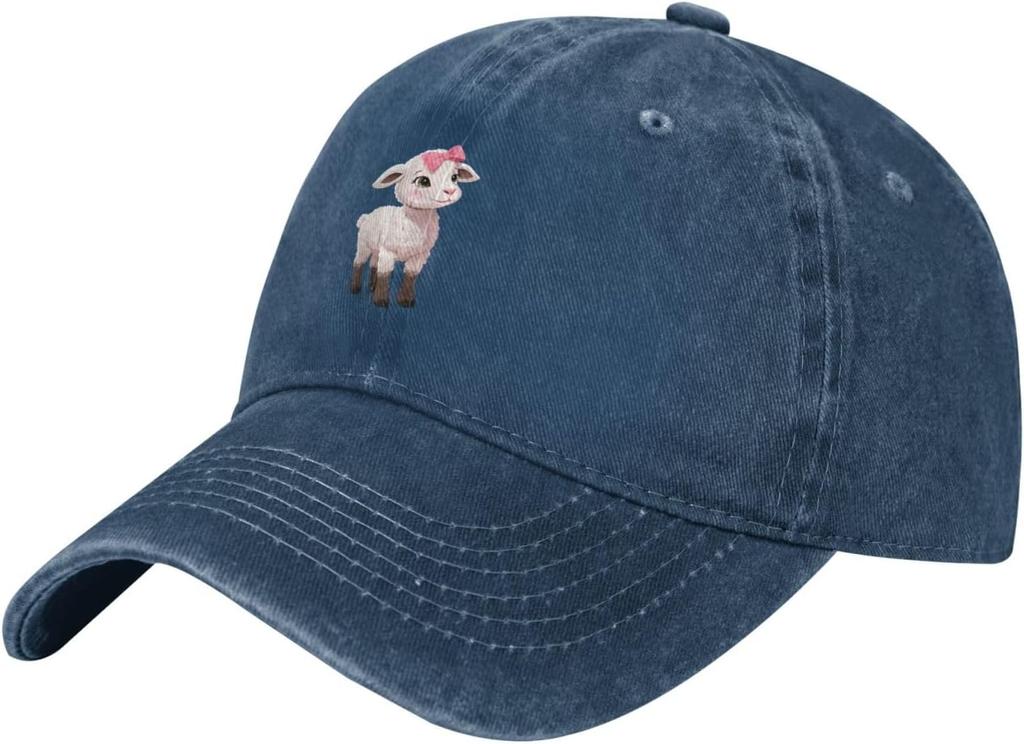 Pink Bow Lamb Embroidered Baseball Cap Washed Denim Casual Adjustable Cotton Hat Unisex
