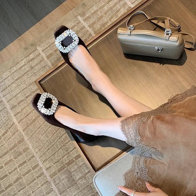 Sheepskin~ Grape Mom Noble Velvet Rhinestone Square Buckle Shallow Mouth Low Heel Single Shoes Women's Commuting Versatile Flat Bottom Banquet Shoes