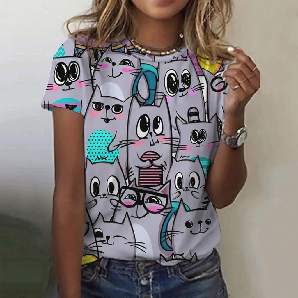 Summer Round Neck 3D Print Kawaii Cat Top Fashionable Casual Short Sleeved Women's T-shirts