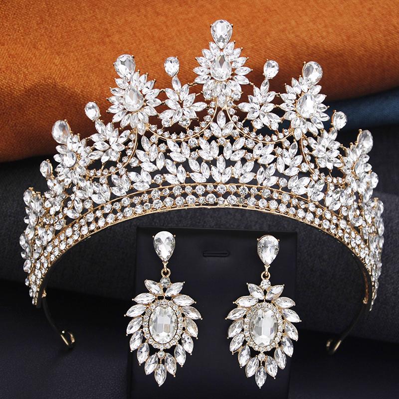 2 Pcs Opal Green Crown and Earrings Sets Royal Queen Tiaras Set for Wedding Hair Jewelry Party Prom Diadem Pageant Bridal