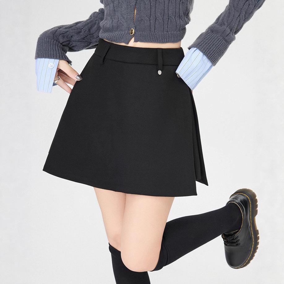 Women's High Waist Gray Wool Blend Skirt Shorts - Autumn/Winter A-line Slit Design, Slimming Hip-Hugging Fit.
