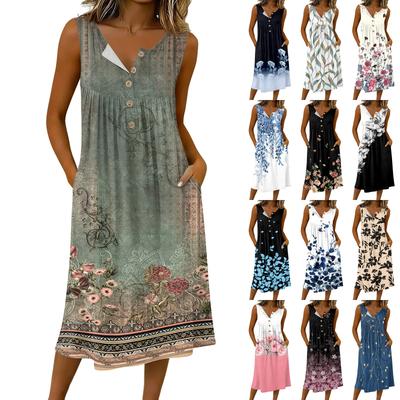 Lässiges, ärmelloses, geknöpftes Midikleid für Damen