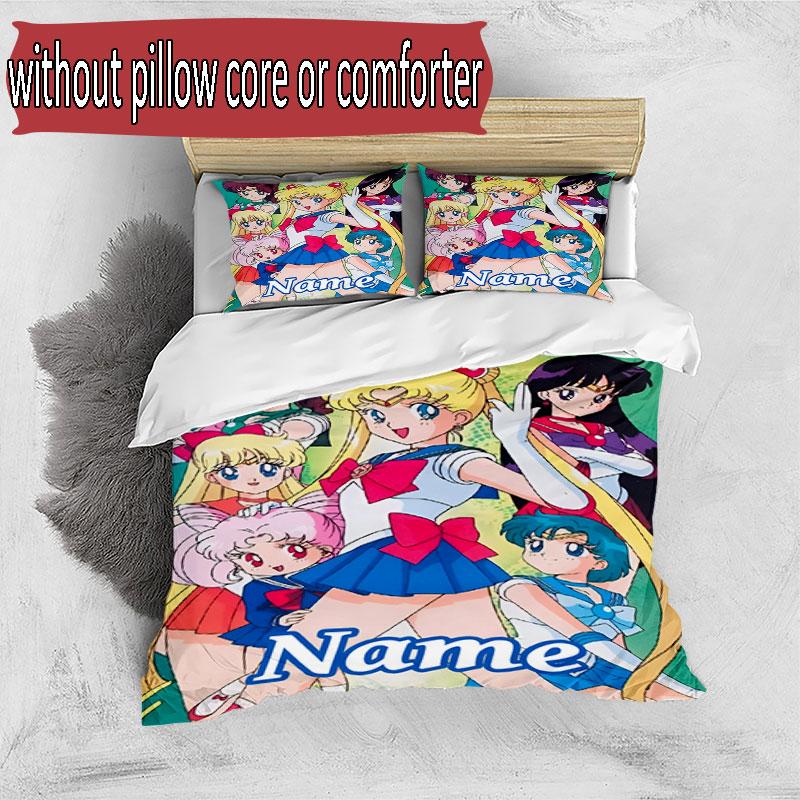 3pcs Duvet Cover Set (1*Duvet Cover + 2*Pillowcase, Without Core), Custom Name Sailor Moon Pattern Bedding Set, Home Bedroom Decor Gift