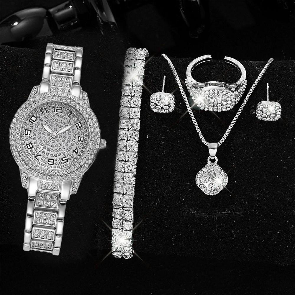 Full Diamond Roman Literal Steel Belt Women's Watch Gypsy Temperament Business Quartz Watch Women's Watch Jewelry Set