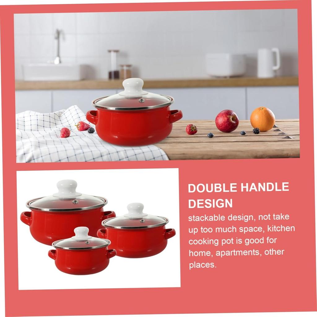 3Pcs Enamel Stockpot with Lid Easy to Clean Sturdy Heat Resistant Cookware Cooking Pot for Household Kitchen Restaurant Wedding