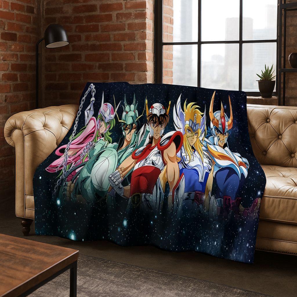 Retro Anime Saint Seiya Gold Saint Cartoon Flannel Blanket,Cozy Soft Throw Blanket for Home Bedroom Bed Sofa Picnic Cover Kids