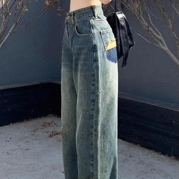 Summer pocket ripped design mopping pants loose Hong Kong style trousers jeans women's nostalgic blue tide ins
