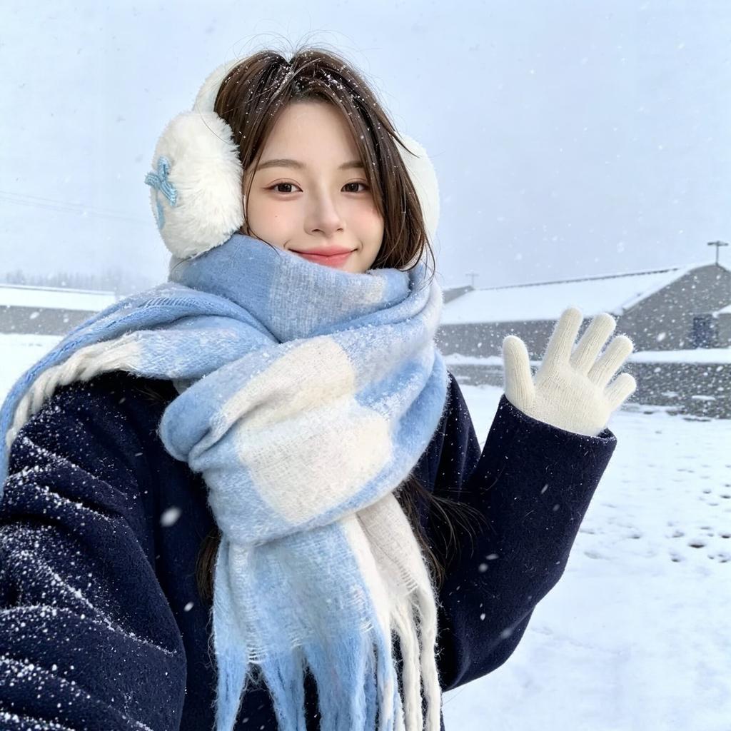 Korean Blue Plaid Scarf Women's Winter Thickened Warm Imitation Mohair Shawl Dual-purpose Student Versatile Scarf