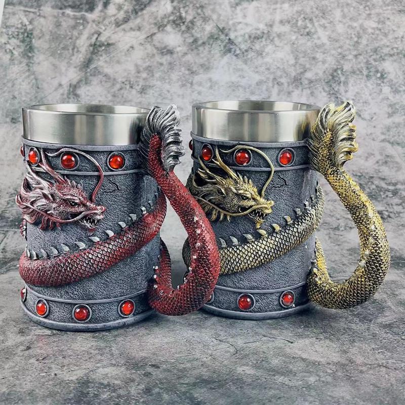 Chinese Dragon Beer Mug - Large Capacity, Stainless Steel Liner, Retro Resin Design