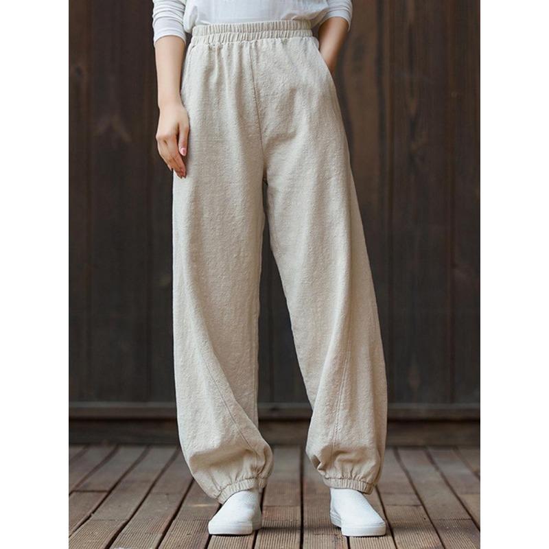 Johnature Damen-Hose aus Leinen mit weitem Bein, 8 Farben, Vintage, elastische Taille, Frühlingshosentaschen, lockere, lässige lange Damenhose