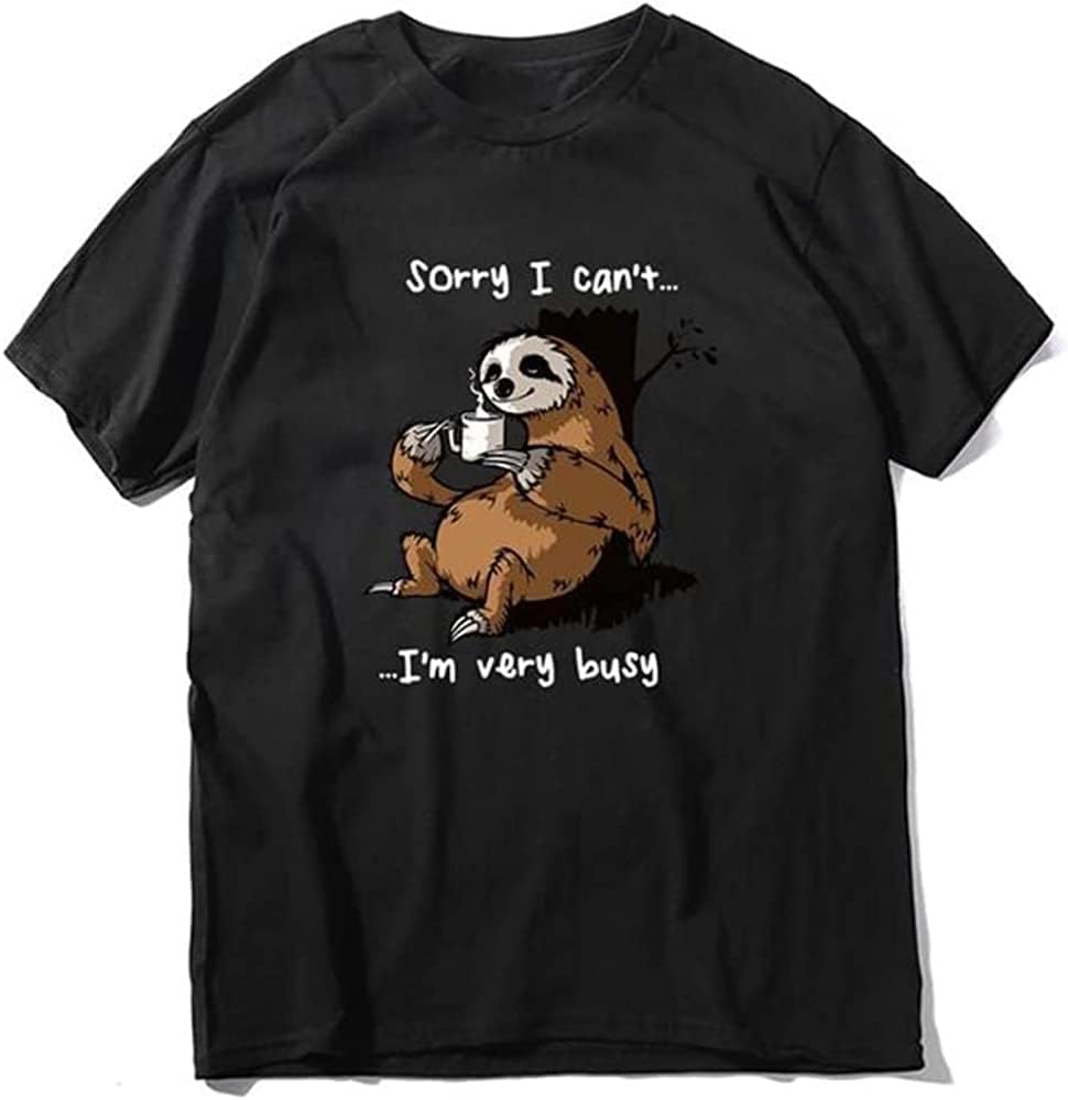 Funny Cotton Sloth Drinking Coffee Sorry I Can t I m Very Busy Men Camisas Hombre T-Shirt Fashion Tops Tee Black S чёрный