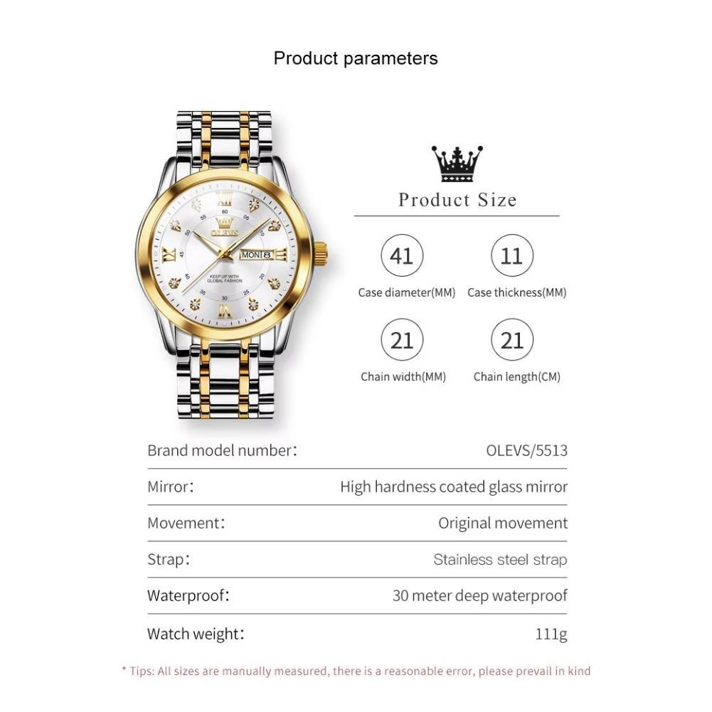 OLEVS Men's Watch Dual Calendar Display Waterproof Luminous Original Luxury Diamond Watch Fashion Men's Watch