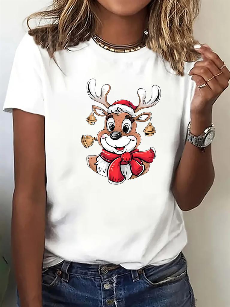 Womens Christmas Reindeer Print TShirt Casual Crew Neck Short Sleeve Fit Women for Summer Casual Tshirt Clothing