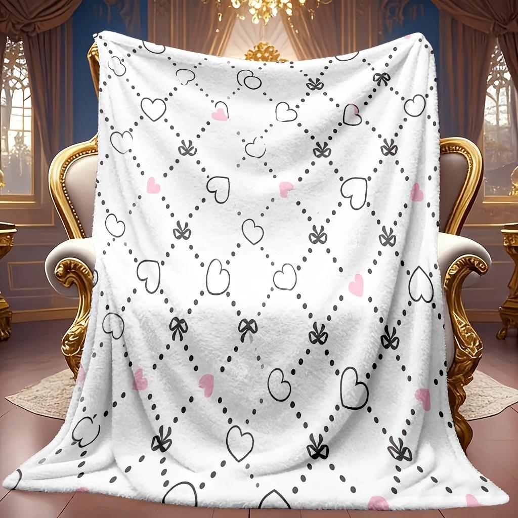 Soft High-Definition Digital Print Heart and Bow Pattern Blanket White Base with Black and Pink Accents Cooling Blanket All-Season Family and Friends