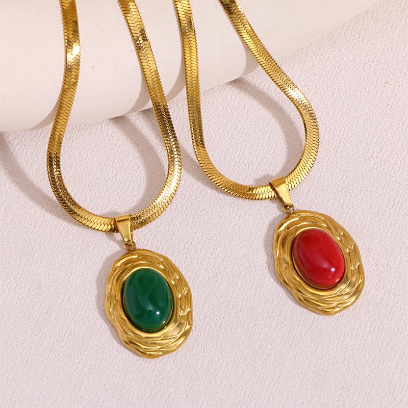 18K Gold Plated Titanium Steel Necklace Women Light Luxury Colorful Oval Stone Pendant Jewelry