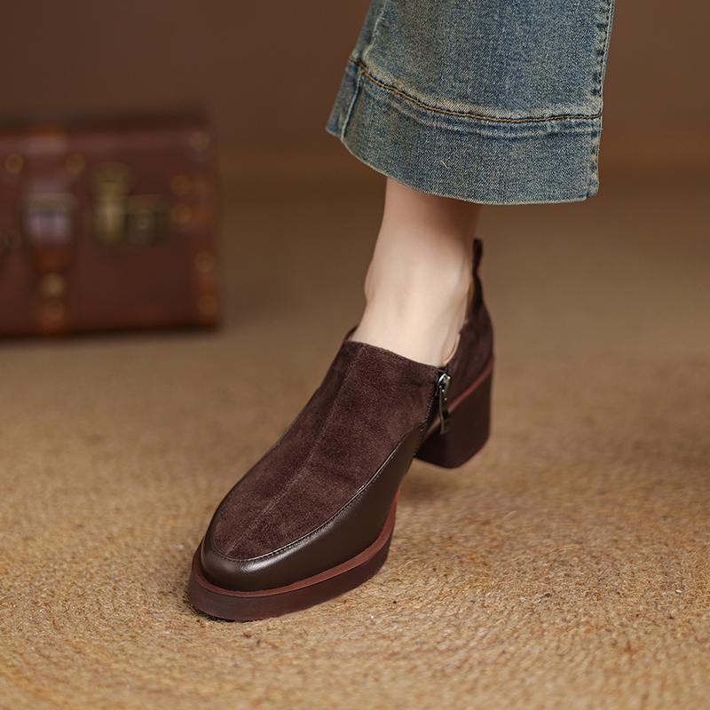 Krazing Pot Suede Autumn Winter Shoes Chunky Heels Size 43 Size 42 Round Toe Slip On Deep Mouth Retro Fashion Pumps