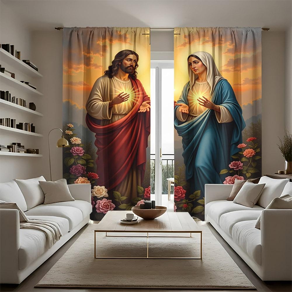 Dramatic Christian Religious Curtains Jesus and Mary Bible Art Floral Window Panels Gothic Home Decor Sanctuary Curtains for Bed