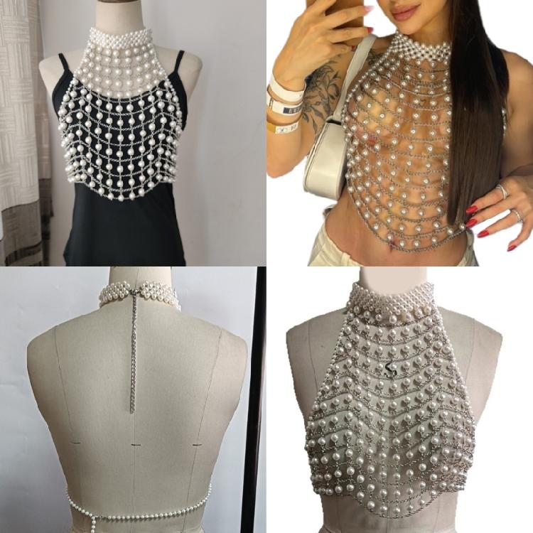 Pearls Body Chain Bra Multilayer Pearls Chest Chains Body Accessories Jewelry for Women Nightclub Raves Body Jewelry