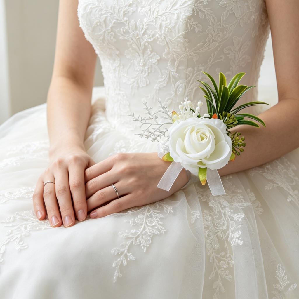 White Artificial Rose Boutonniere Wrist Corsage Wedding Floral Accessories for Bride Groom Reusable Party Prom Bridal Accessory