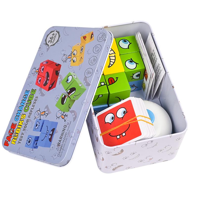 Wooden Children'S Early Education Fun Face-Changing Expression Rubik'S Cube Building Block Battle Iron Box Hand-Eye Coordination Educational Toy