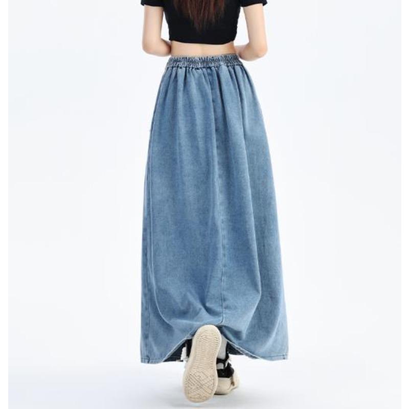 Lace Up Corset Midi Long Skirts Women Spring Summer Korea Style Vintage High Waist Jean Skirt A Line Ruffle Pleated Denim