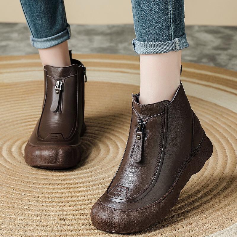 Full cowhide wool women's boots thick-soled retro short boots winter middle-aged mother shoes genuine leather boots