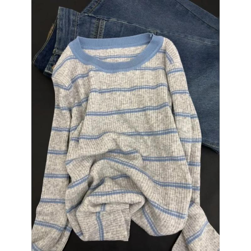 Contrasting Striped Knitted Sweater Women's Spring Age Reduction Top Crew Neck Pullover Long Sleeve Bottom Shirt