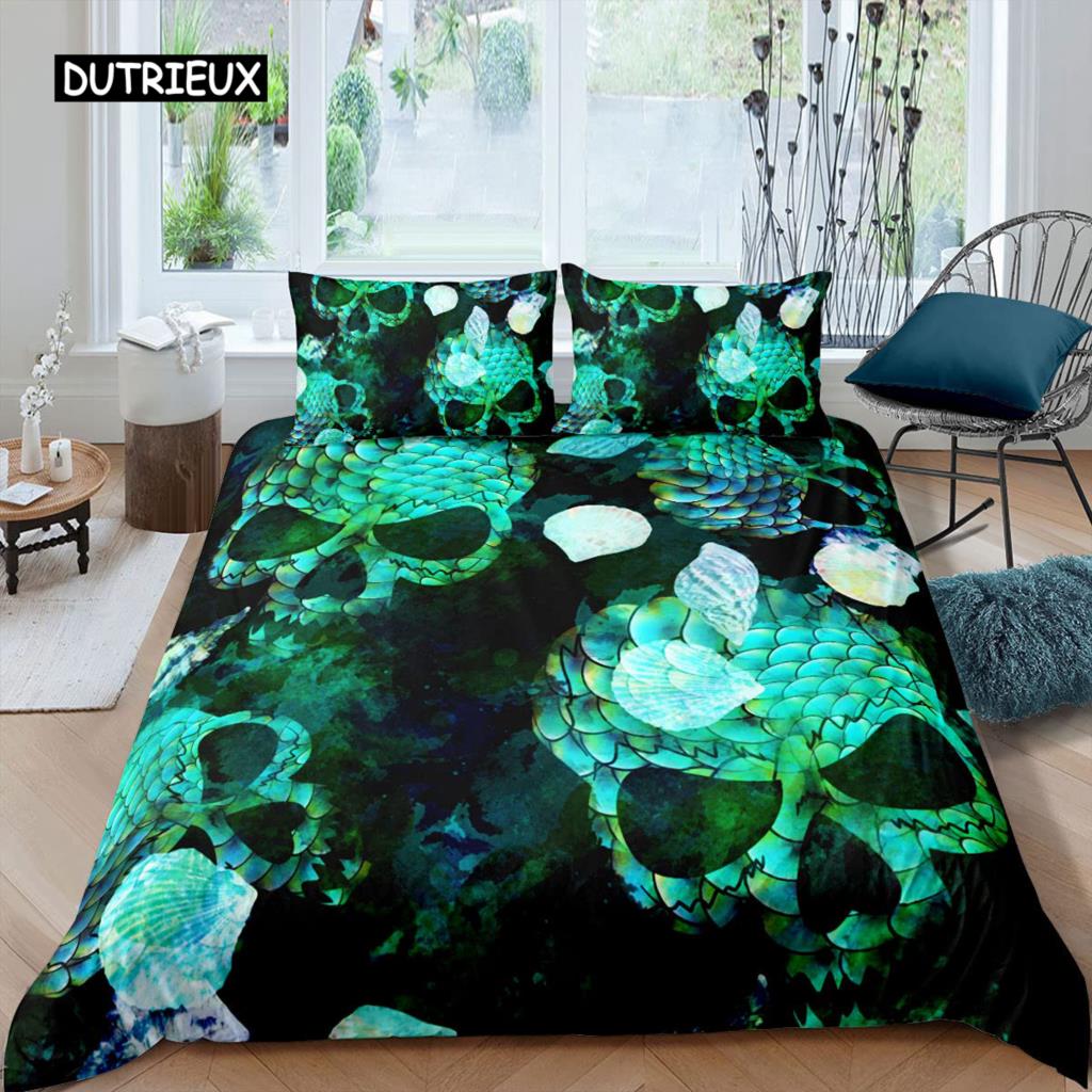 Sugar Skull Duvet Cover for Lover Sweetheart Roses Twin Bedding Set Microfiber Halloween Men Smoke Fog Horror Gothic Quilt Cover