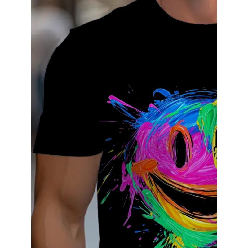 European Sizes Men's Casual T-Shirt for Restaurant Wear, Black Fabric with Vibrant Rainbow Smile Design, Comfortable and Durable, Ideal for Daily Use