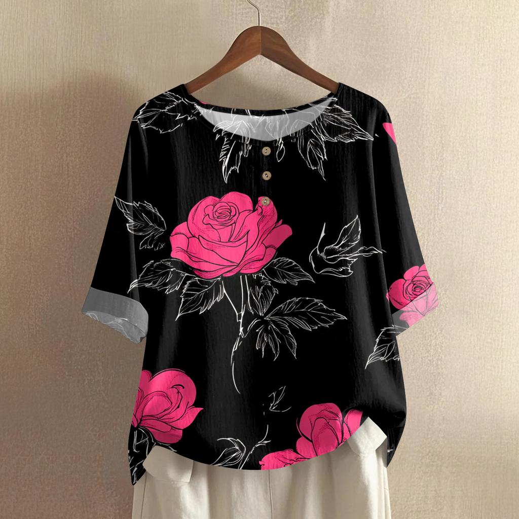 Damska koszulka z nadrukiem na Walentynki, casualowa, z krótkim rękawem, okrągłym dekoltem, z bawełny i lnu